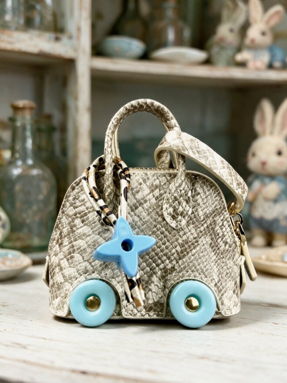Cream Snake-Embossed Mini Handbag Charm with Blue Accents